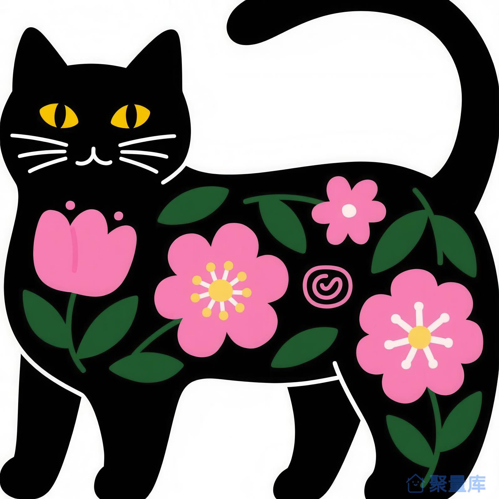 卡通风格黑猫配粉色花卉